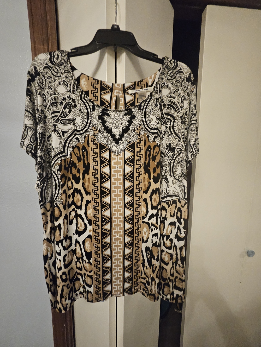 Peter Nygard Black, White and Tan Short-Sleeve Printed Top
